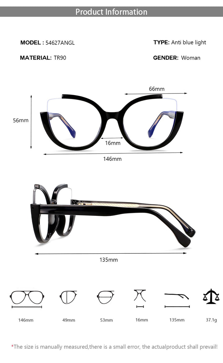 CCspace Women's Semi Rim Cat Eye Tr 90 Titanium Eyeglasses 54627 Semi Rim CCspace