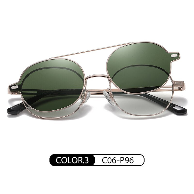 Zirosat Unisex Full Rim Round Alloy Eyeglasses Clip On Sunglasses CG8802 With Clip Ons Zirosat green
