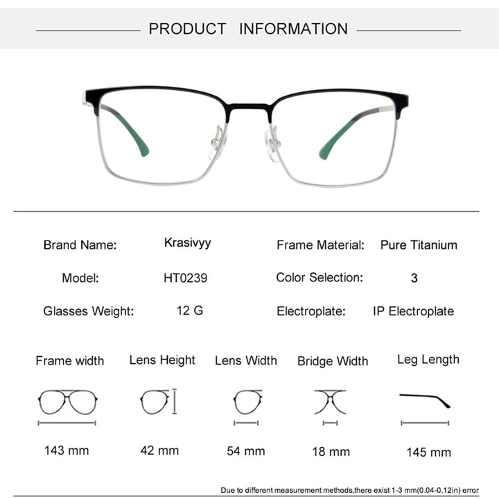 Krasivyy Men's Semi Rim Square Titanium Eyeglasses Semi Rim Krasivyy