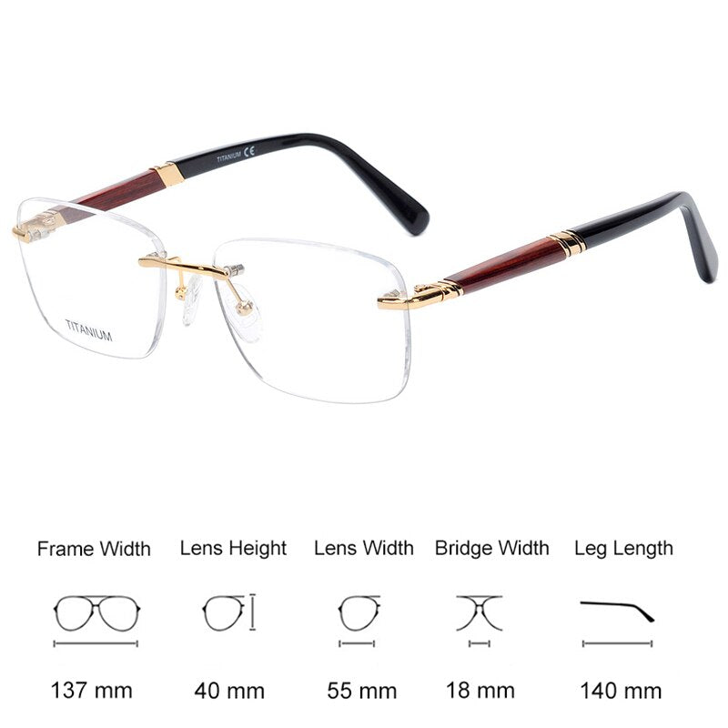 Hdcrafter Men's Rimless Square Rose Wood Temple Titanium Eyeglasses Ls01 Rimless Hdcrafter Eyeglasses   