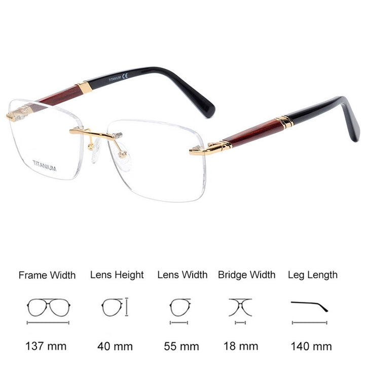 Hdcrafter Men's Rimless Square Rose Wood Temple Titanium Eyeglasses Ls01 Rimless Hdcrafter Eyeglasses