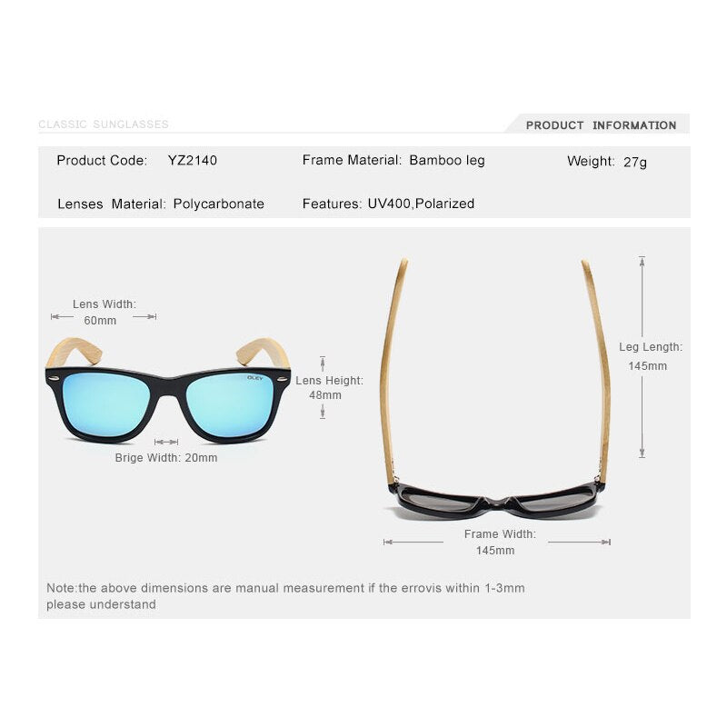 Oley Unisex Square Bamboo Wood Handcrafted Polarized Sunglasses Yz2140 Sunglasses Oley