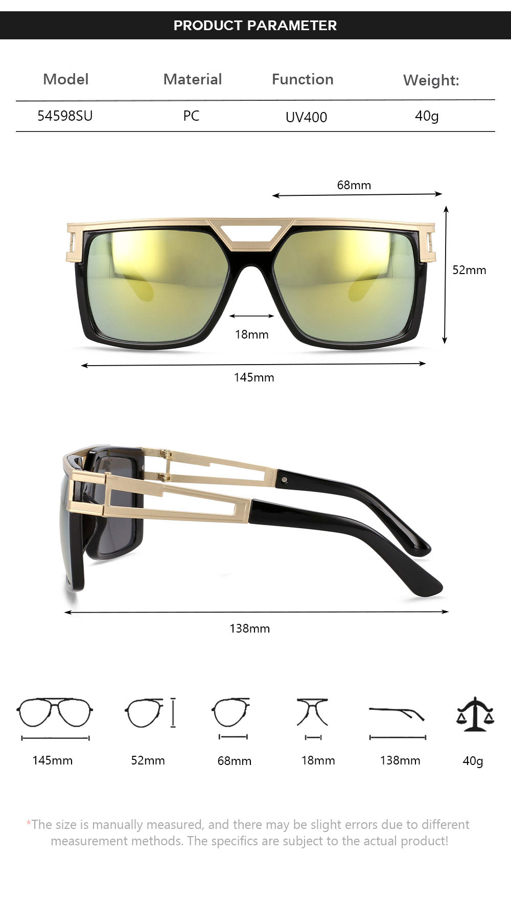 CCspace Men's Full Rim Large Rectangular Double Bridge Acetate Frame Sunglasses 54598 Sunglasses CCspace Sunglasses
