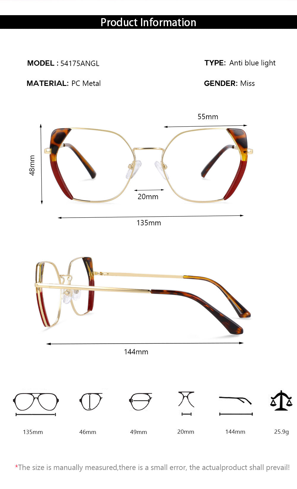 CCspace Women's Full Rim Polygonal Cat Eye Alloy Acetate Frame Eyeglasses 54175 Full Rim CCspace