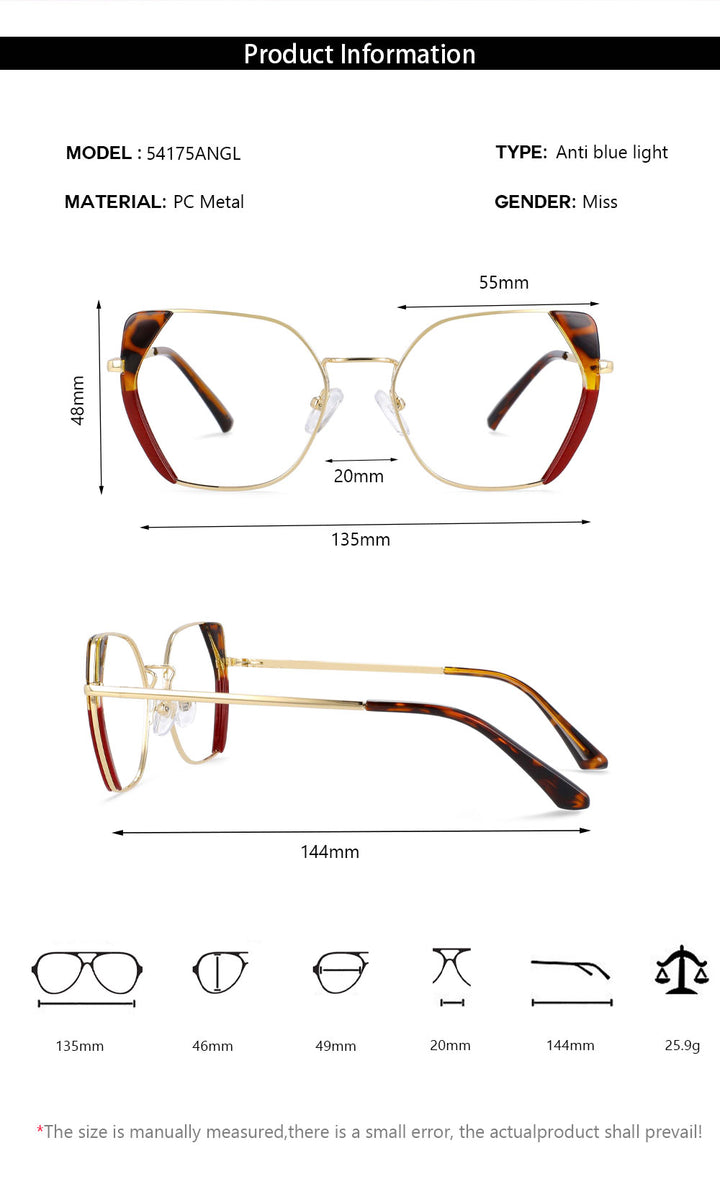 CCspace Women's Full Rim Polygonal Cat Eye Alloy Acetate Frame Eyeglasses 54175 Full Rim CCspace