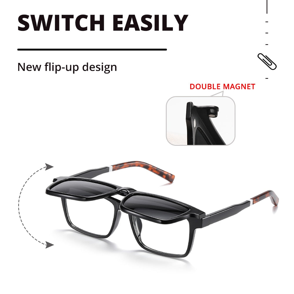 Ralferty Men's Full Rim Rectangle Tr 90 Acetate Eyeglasses With Clip On Polarized Sunglasses D7703 With Clip Ons Ralferty