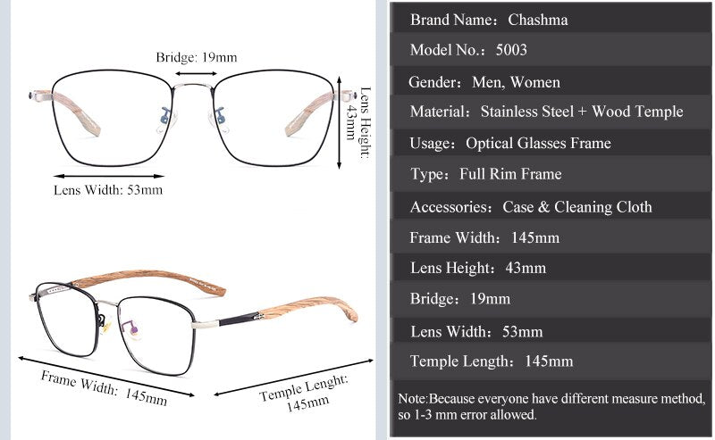 Chashma Unisex Full Rim Square Stainless Steel Frame Wood Temple Eyeglasses Full Rim Chashma