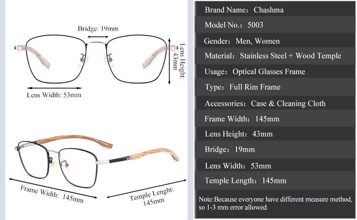 Chashma Unisex Full Rim Square Stainless Steel Frame Wood Temple Eyeglasses Full Rim Chashma