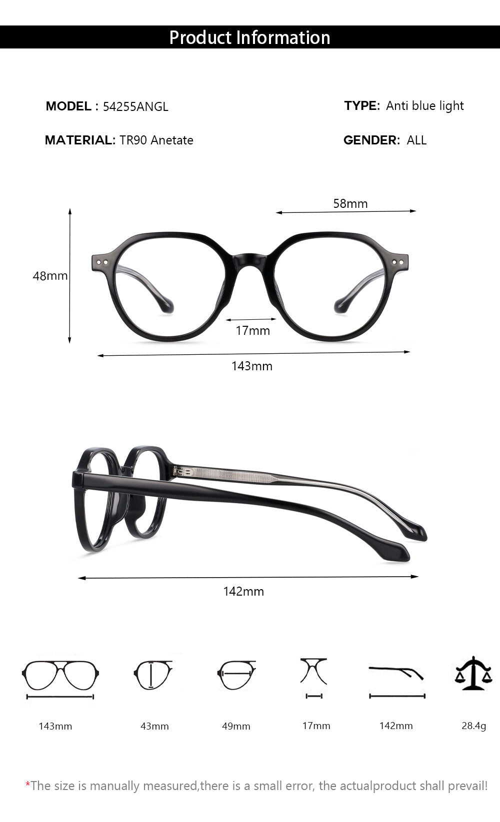 CCspace Women's Full Rim Round Acetate Titanium Frame Eyeglasses 54255 Full Rim CCspace