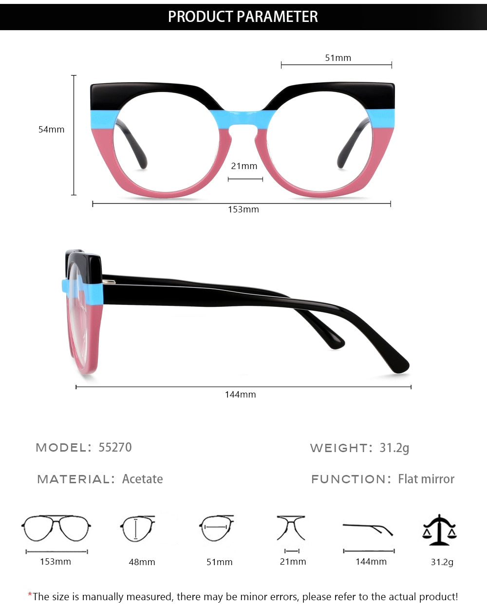 CCspace Unisex Full Rim Round Cat Eye Acetate Eyeglasses 55272 Full Rim CCspace