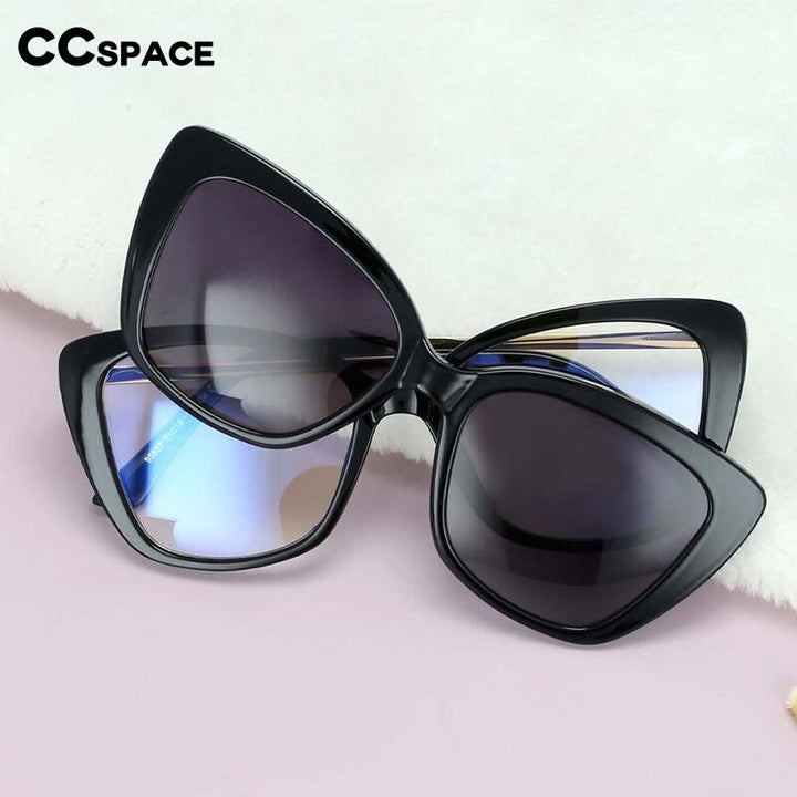 CCspace Women's Full Rim Rectangle Cat Eye Tr 90 Titanium Eyeglasses Clip On Sunglasses 53851 With Clip Ons CCspace