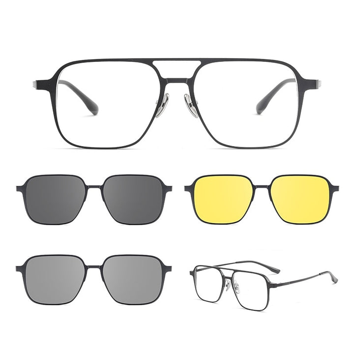 Yimaruili Unisex Full Rim Square  Aluminum Magnesium Titanium Eyeglasses Clip On Sunglasses 9908 With Clip Ons Yimaruili Eyeglasses Black