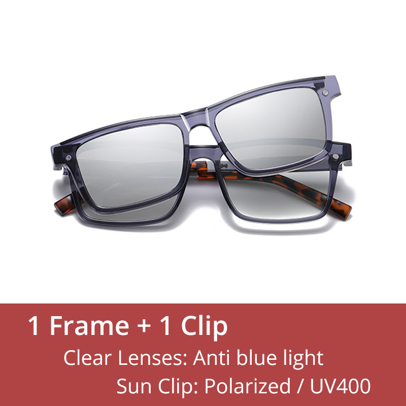 Ralferty Men's Full Rim Rectangle Tr 90 Acetate Eyeglasses With Clip On Polarized Sunglasses D7703 With Clip Ons Ralferty C541 Gray China As picture