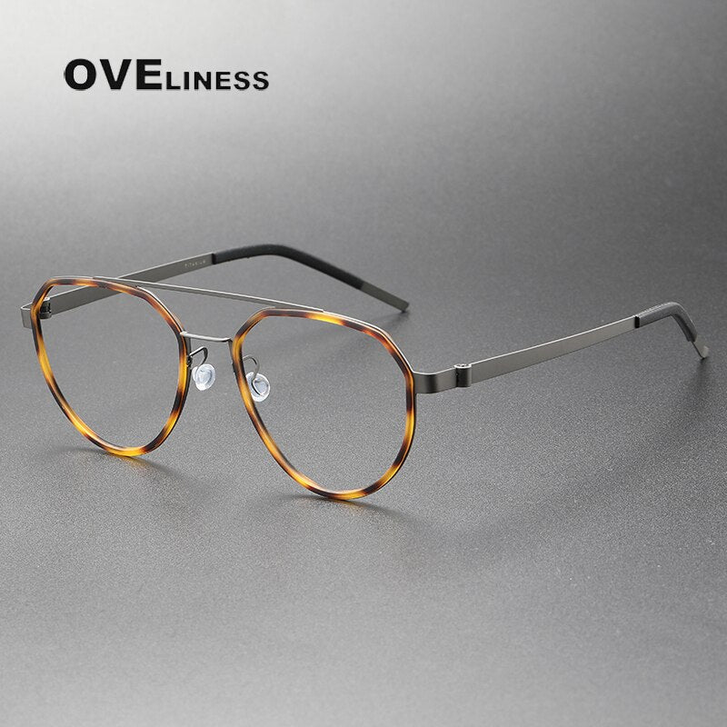 Oveliness Unisex Full Rim Round Double Bridge Acetate Titanium Eyeglasses 9745 Full Rim Oveliness tortoise gun
