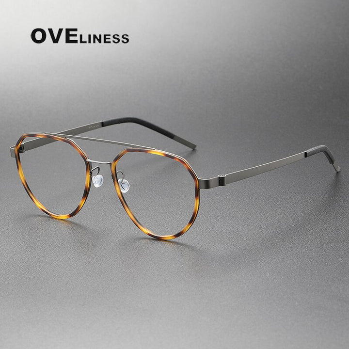 Oveliness Unisex Full Rim Round Double Bridge Acetate Titanium Eyeglasses 9745 Full Rim Oveliness tortoise gun