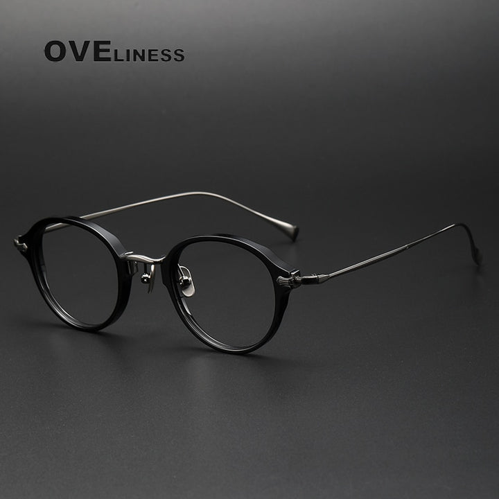 Oveliness Unisex Full Rim Round Acetate Titanium Eyeglasses Kmn182 Full Rim Oveliness black