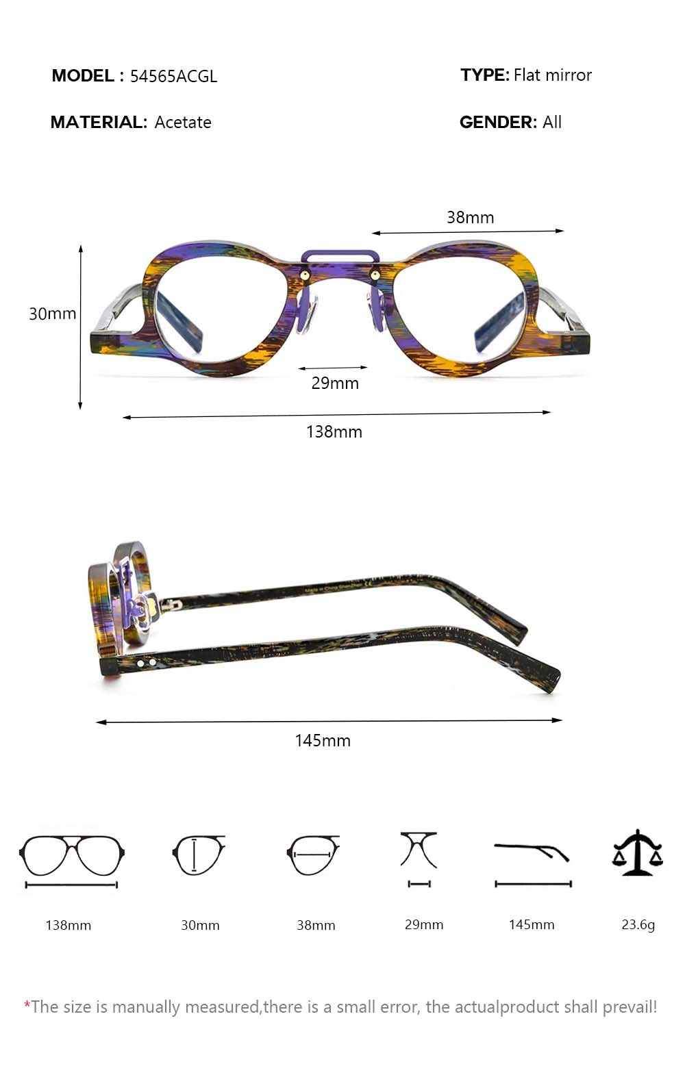 CCspace Unisex Full Rim Small Round Double Bridge Acetate Eyeglasses 54565 Full Rim CCspace