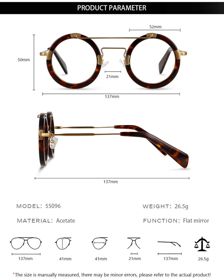 CCspace Unisex Full Rim Round Double Bridge Acetate Alloy Eyeglasses 55096 Full Rim CCspace
