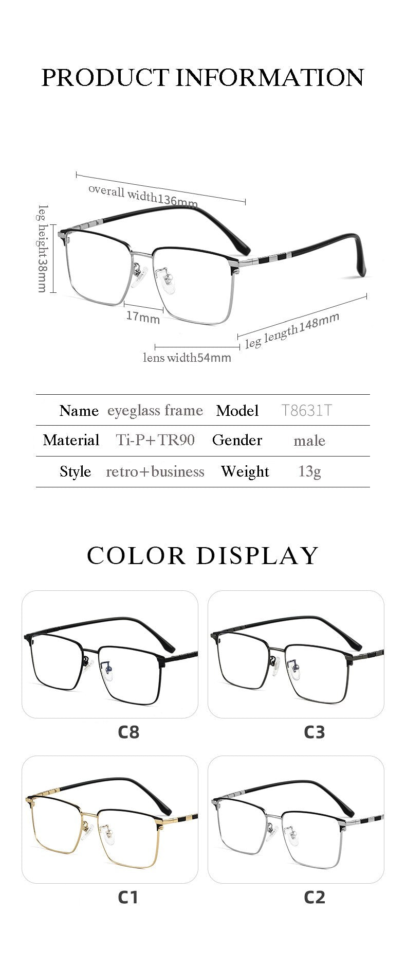 Hotochki Men's Full Rim Square Tr 90 Titanium Frame Eyeglasses T8631t Full Rim Hotochki