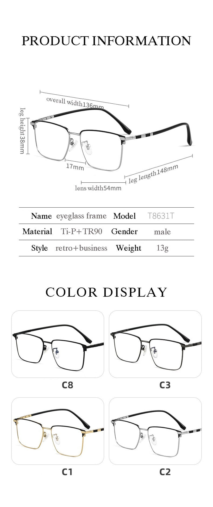 Hotochki Men's Full Rim Square Tr 90 Titanium Frame Eyeglasses T8631t Full Rim Hotochki