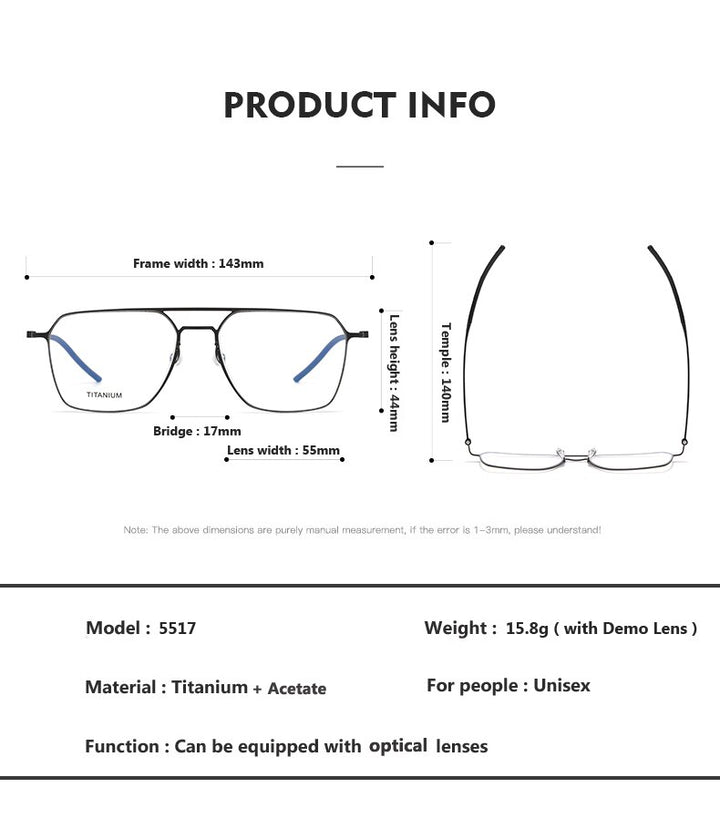 Oveliness Unisex Full Rim Square Double Bridge Titanium Eyeglasses 5517 Full Rim Oveliness