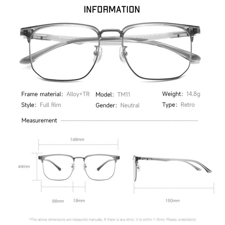 Gmei Unisex Full Rim Square Alloy Tr 90 Eyeglasses Tm11 Full Rim Gmei Optical