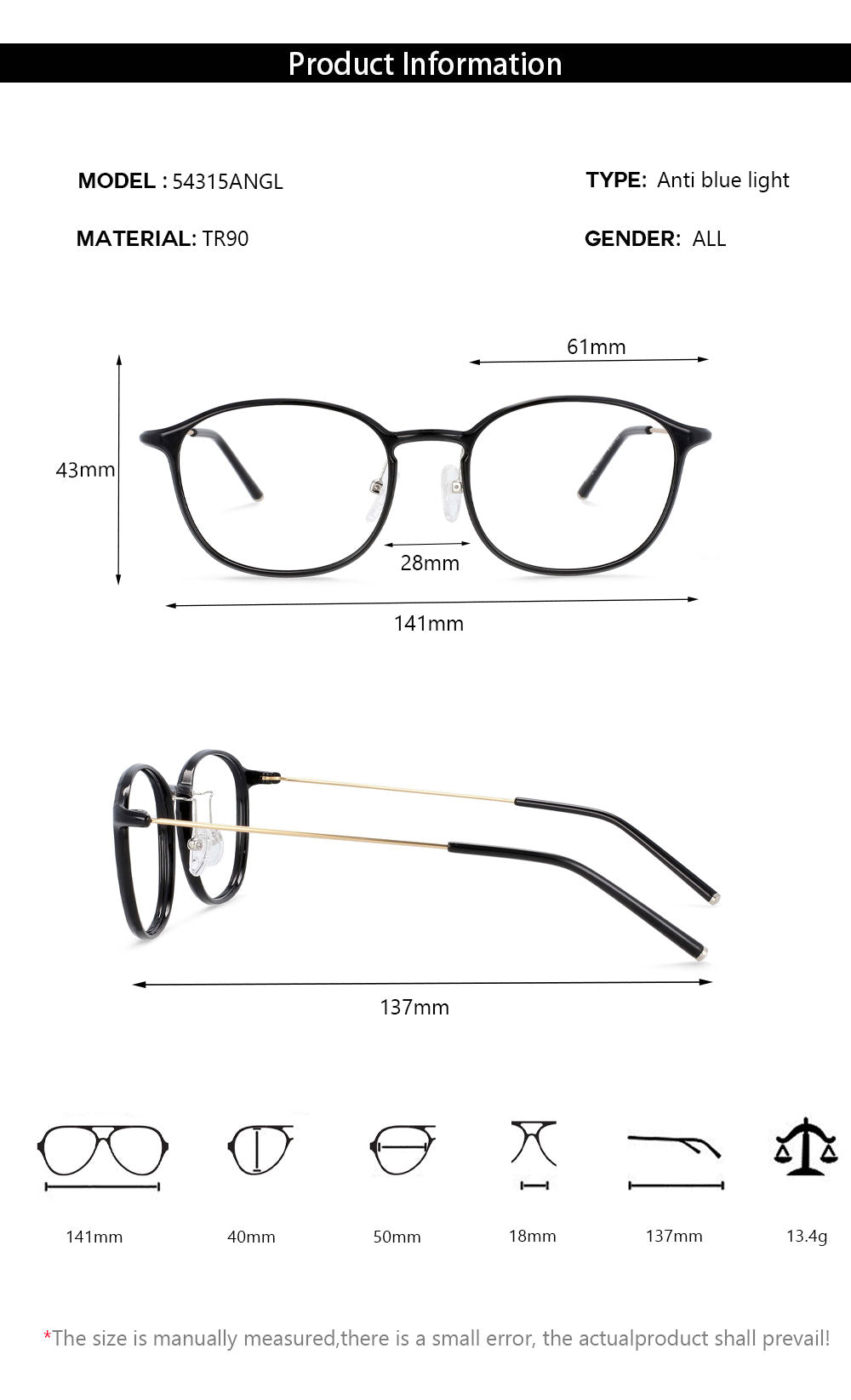CCspace Unisex Full Rim Square Tr 90 Titanium Frame Eyeglasses 54315 Full Rim CCspace