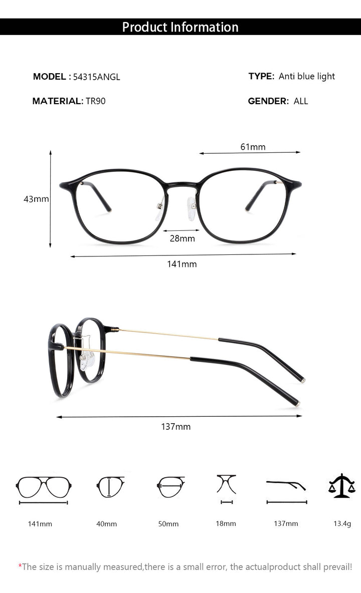 CCspace Unisex Full Rim Square Tr 90 Titanium Frame Eyeglasses 54315 Full Rim CCspace