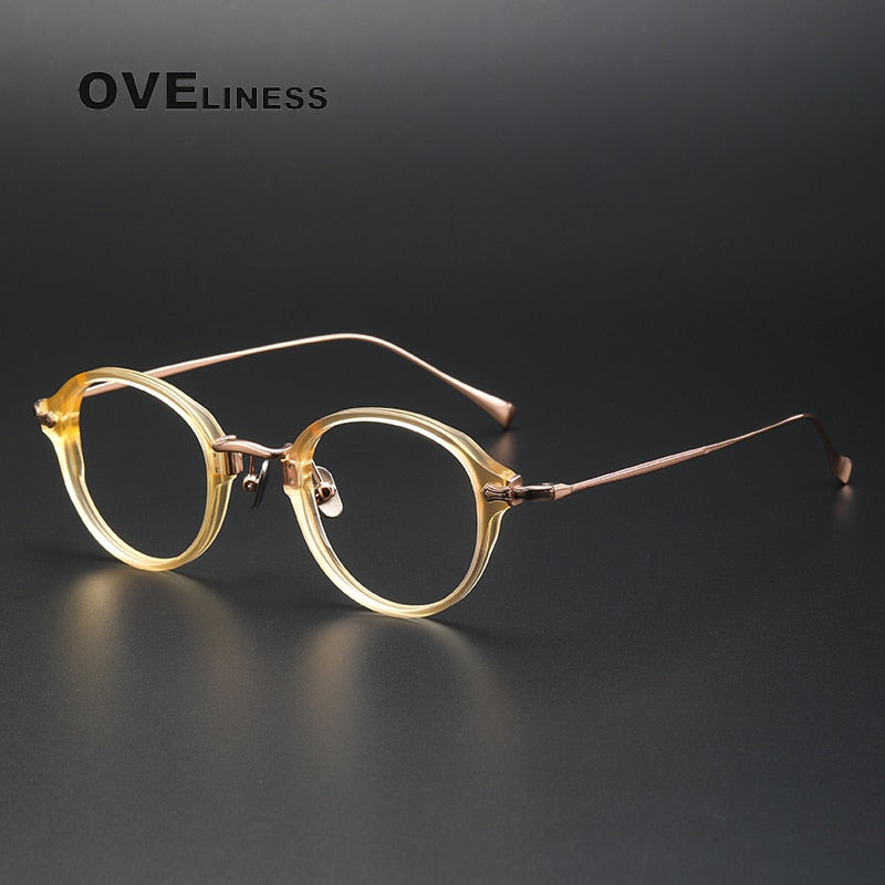 Oveliness Unisex Full Rim Round Acetate Titanium Eyeglasses Kmn182 Full Rim Oveliness champagne