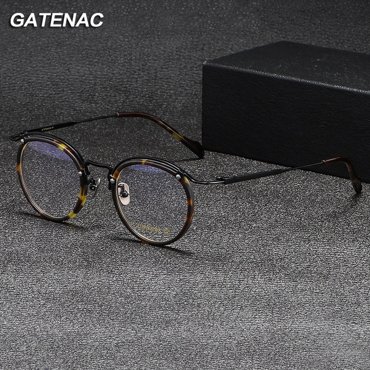 Gatenac Unisex Full Rim Round Acetate Titanium Eyeglasses Gxyj1069 Full Rim Gatenac
