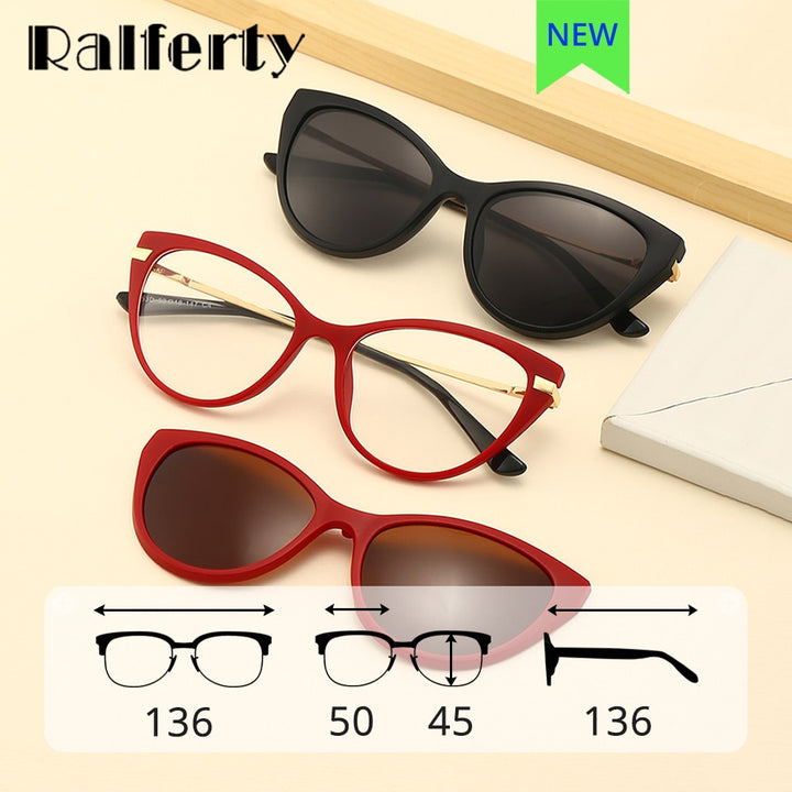 Ralferty Women's Full Rim Oval Cat Eye Acetate Eyeglasses With Clip On Sunglasses 2353 With Clip Ons Ralferty