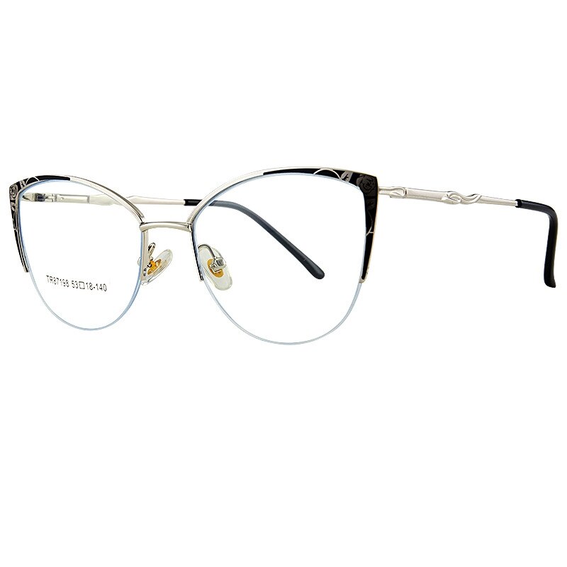 Yimaruili Women's Semi Rim Square Cat Eye Acetate Alloy Eyegllasses 87198 Semi Rim Yimaruili Eyeglasses Black Silver C1
