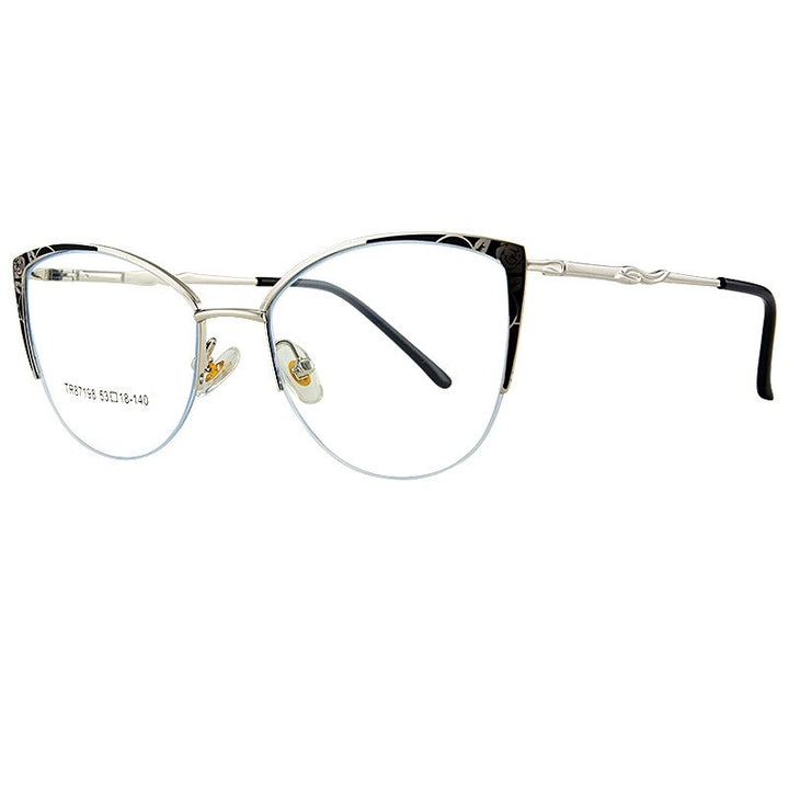 Yimaruili Women's Semi Rim Square Cat Eye Acetate Alloy Eyegllasses 87198 Semi Rim Yimaruili Eyeglasses Black Silver C1