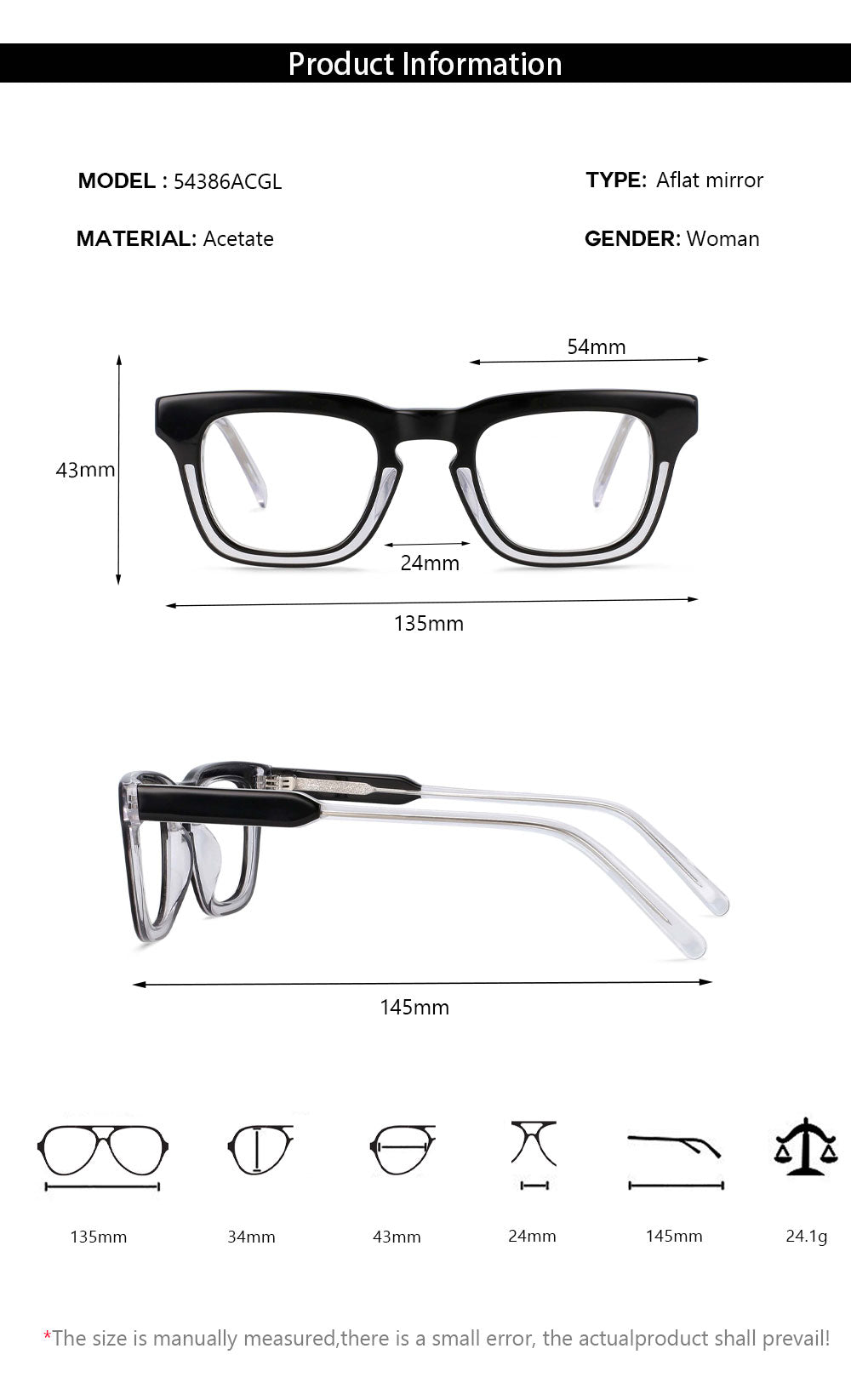 CCspace Unisex Full Rim Square Acetate Frame Eyeglasses 54386 Full Rim CCspace