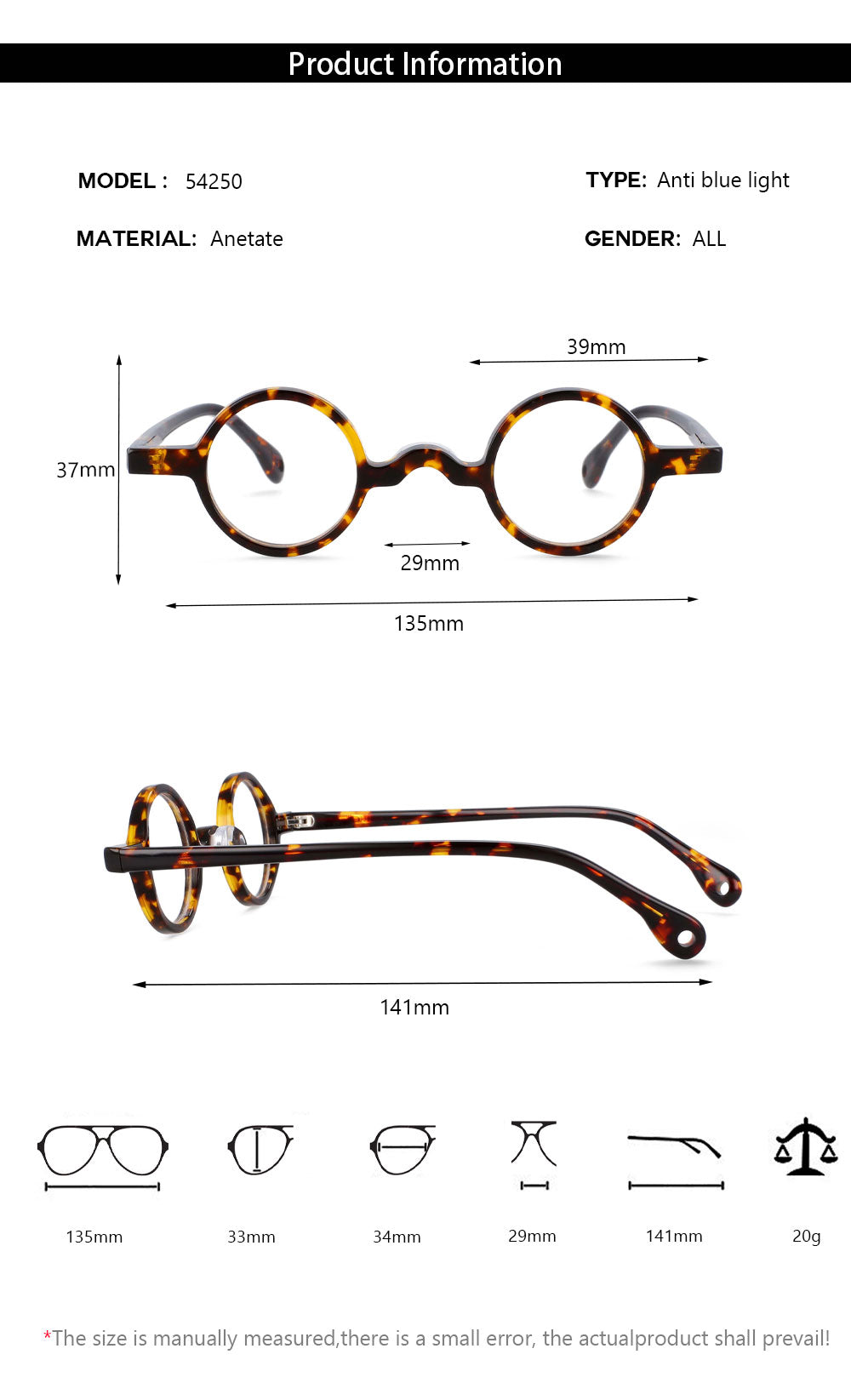 CCspace Unisex Full Rim Round Acetate Frame Eyeglasses 54250 Full Rim CCspace