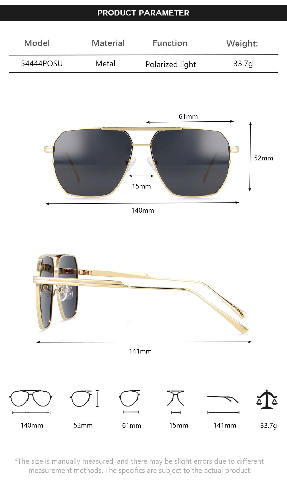 CCspace Women's Full Rim Square Double Bridge Alloy Frame Sunglasses 54444 Sunglasses CCspace Sunglasses