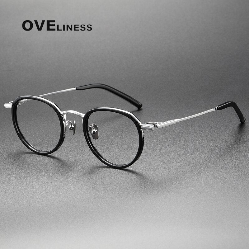 Oveliness Unisex Full Rim Round Acetate Titanium Eyeglasses M43 Full Rim Oveliness black silver