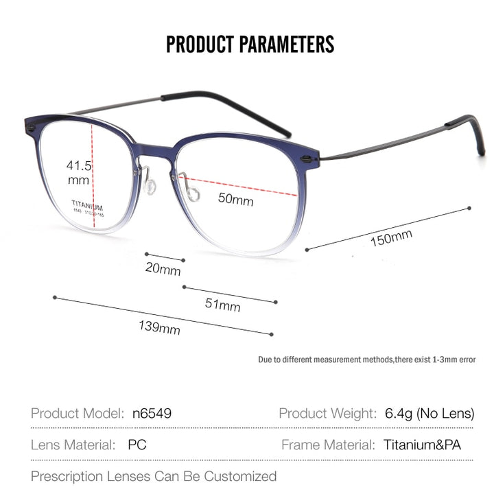 Muzz Unisex Full Rim Square Screwless Handcrafted Acetate IP Titanium Eyeglasses N6459 Full Rim Muzz