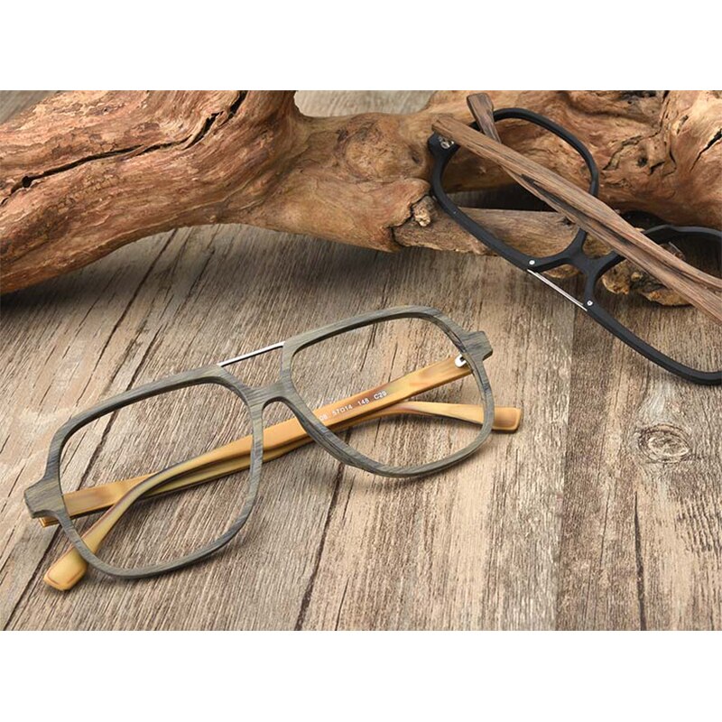 Hdcrafter Men's Full Rim Oversized Square Double Bridge Wood Alloy Eyeglasses Full Rim Hdcrafter Eyeglasses