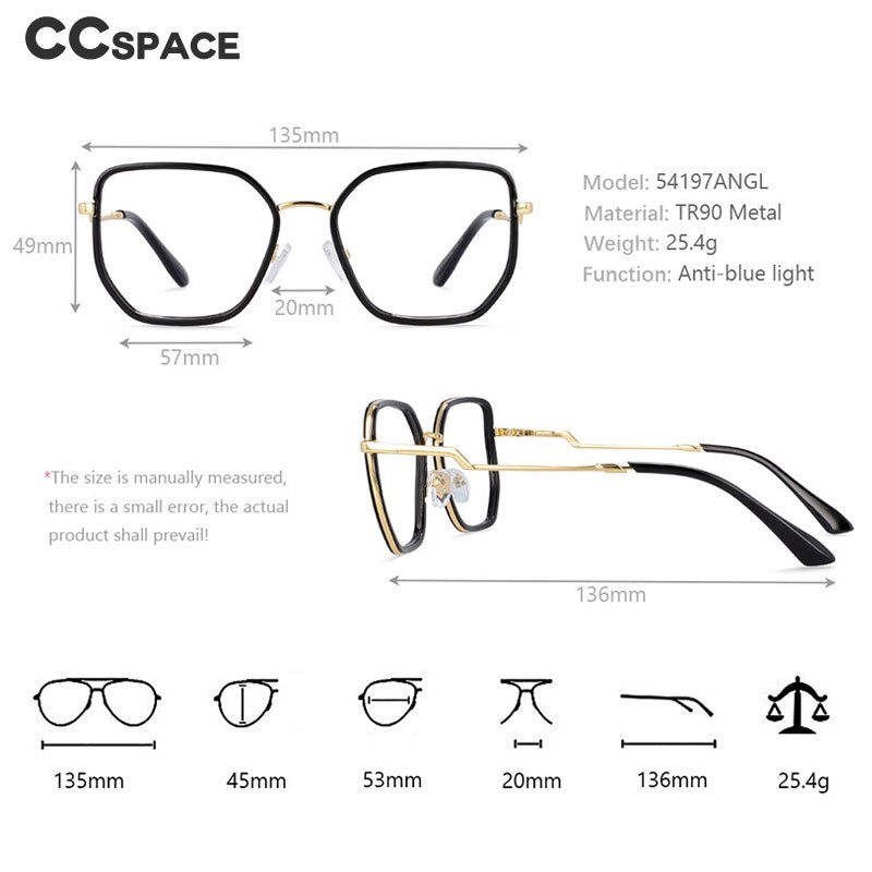 CCspace Women's Full Rim Square Tr 90 Titanium Frame Eyeglasses 54197 Full Rim CCspace
