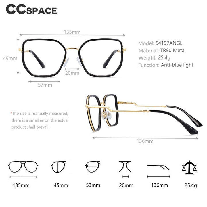 CCspace Women's Full Rim Square Tr 90 Titanium Frame Eyeglasses 54197 Full Rim CCspace