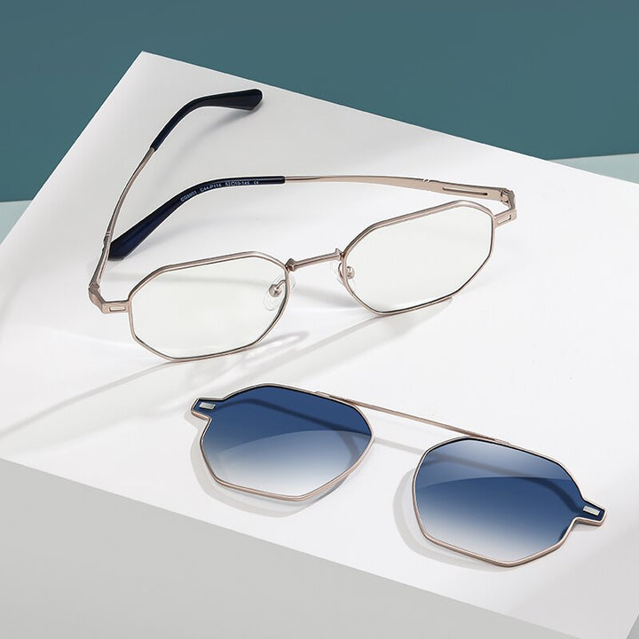 Zirosat Unisex Full Rim Polygon Round Alloy Eyeglasses Clip On Sunglasses CG8801 With Clip Ons Zirosat
