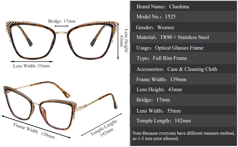 Chashma Women's Full Rim Cat Eye TR 90 Titanium Frame Eyeglasses 1525 Full Rim Chashma