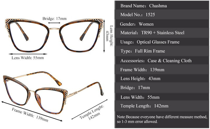 Chashma Women's Full Rim Cat Eye TR 90 Titanium Frame Eyeglasses 1525 Full Rim Chashma