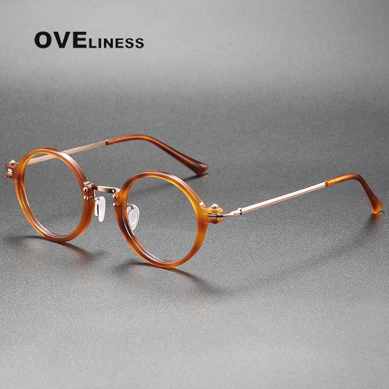 Oveliness Unisex Full Rim Round Acetate Titanium Eyeglasses 5866 Full Rim Oveliness brown gold