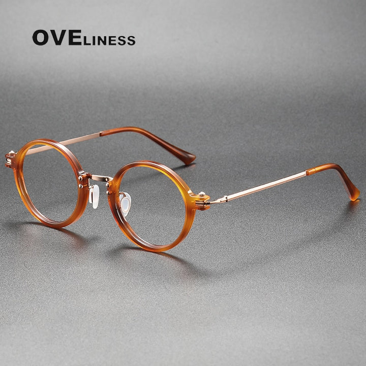Oveliness Unisex Full Rim Round Acetate Titanium Eyeglasses 5866 Full Rim Oveliness brown gold