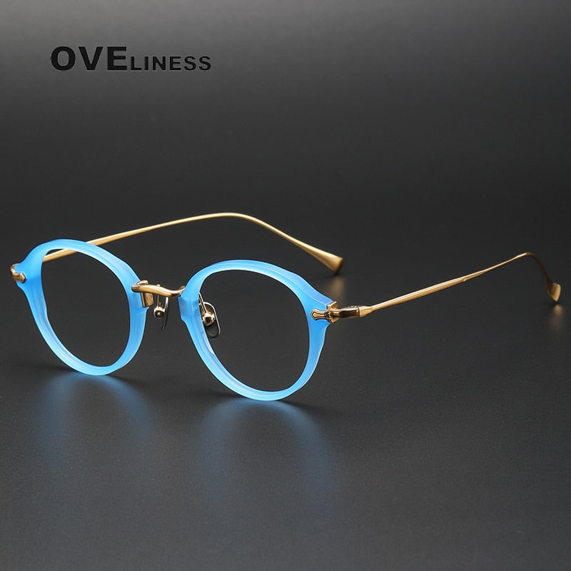 Oveliness Unisex Full Rim Round Acetate Titanium Eyeglasses Kmn182 Full Rim Oveliness blue