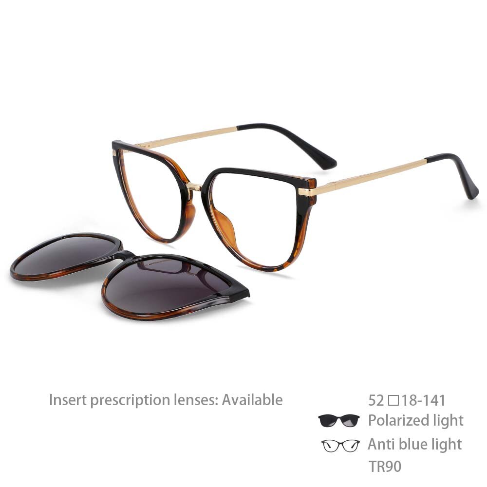 CCspace Unisex Full Rim Oversized Square Tr 90 Frame Eyeglasses Clip On Sunglasses 53791 With Clip Ons CCSpace China black-leopard