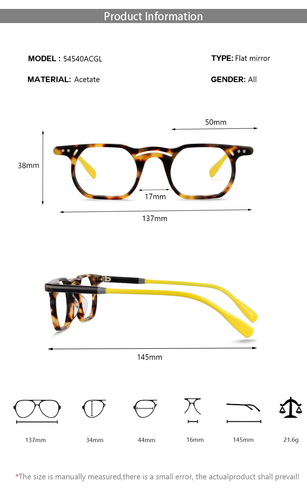 CCspace Unisex Full Rim Polygonal Round Acetate Double Bridge Frame Eyeglasses 54540 Full Rim CCspace