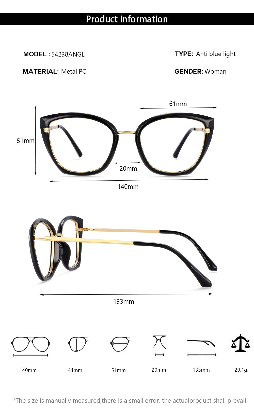CCspace Unisex Full Rim Square Cat Eye Tr 90 Titanium Frame Eyeglasses 54238 Full Rim CCspace